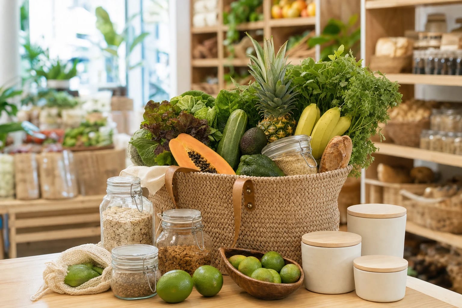 Fruits et légumes frais et essentiels naturels d'épicerie disposés dans un panier de courses réutilisable
